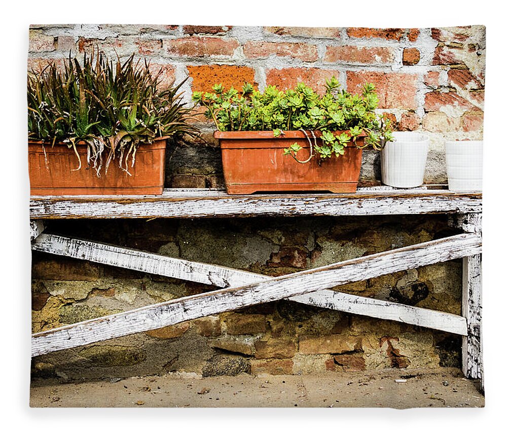 Italy Fleece Blanket featuring the photograph White bench with planters by Craig A Walker