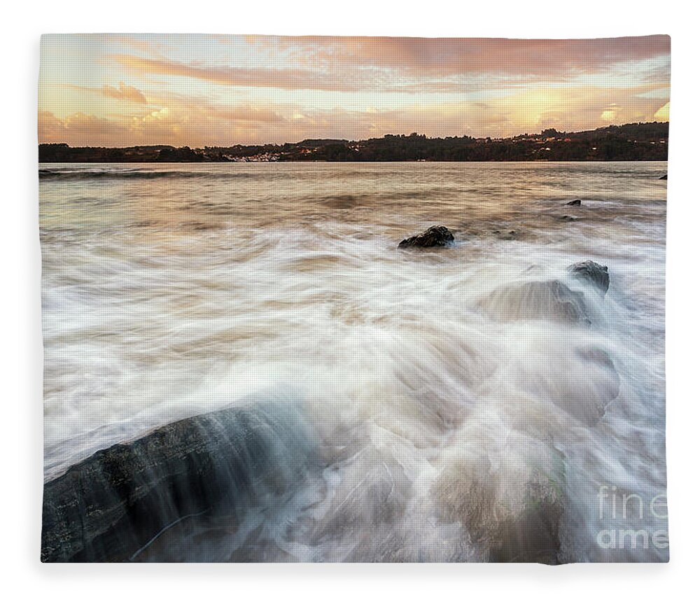 Colorful Fleece Blanket featuring the photograph White Foam Centrona Cove Long Exposure at Ares Estuary Pontedeume Galicia by Pablo Avanzini