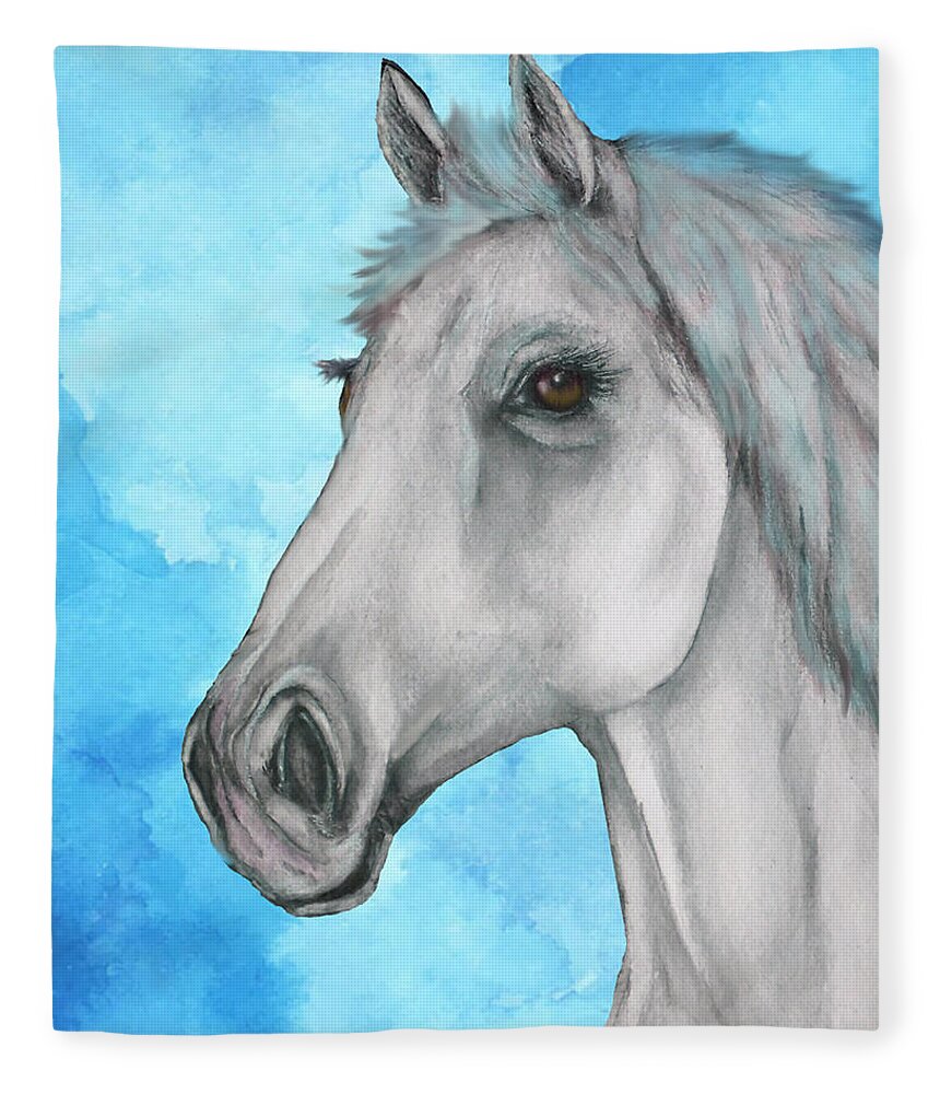 Horse Fleece Blanket featuring the painting White Horse in Blue by Kelly Mills