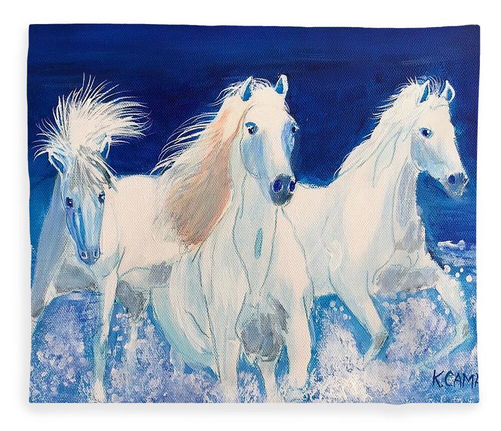 Pets Fleece Blanket featuring the painting White Horses on Beach by Kathie Camara