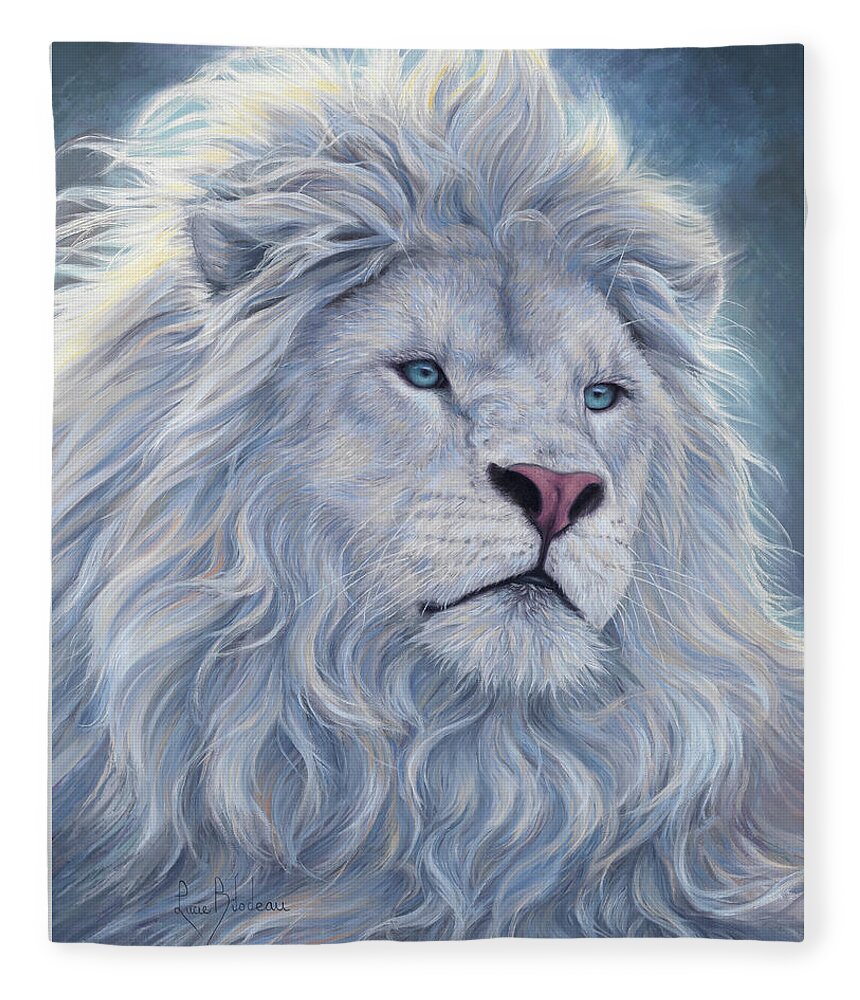 White Lion Fleece Blanket featuring the painting White Lion by Lucie Bilodeau