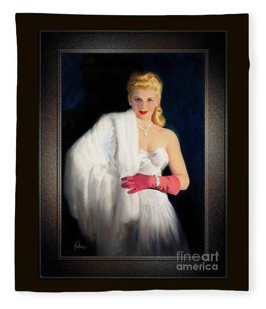 Blonde Fleece Blanket featuring the painting White Mink and Diamonds by Art Frahm Sophisticated Pin-Up Girl Vintage Artwork by Rolando Burbon