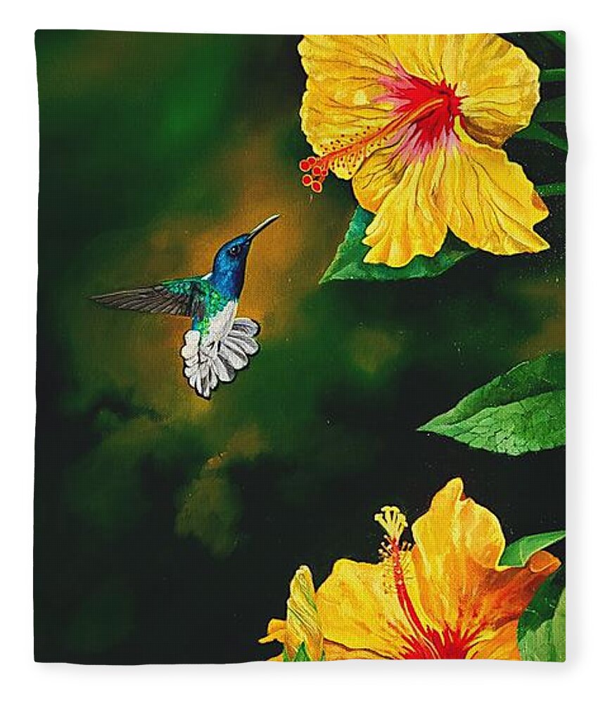 Birds Fleece Blanket featuring the painting White Necked Jacobin and Yellow Hibiscus by Dana Newman