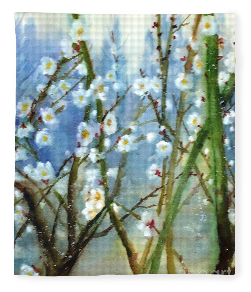 White Flowers Fleece Blanket featuring the painting White Plum Blossoms by Betty M M Wong