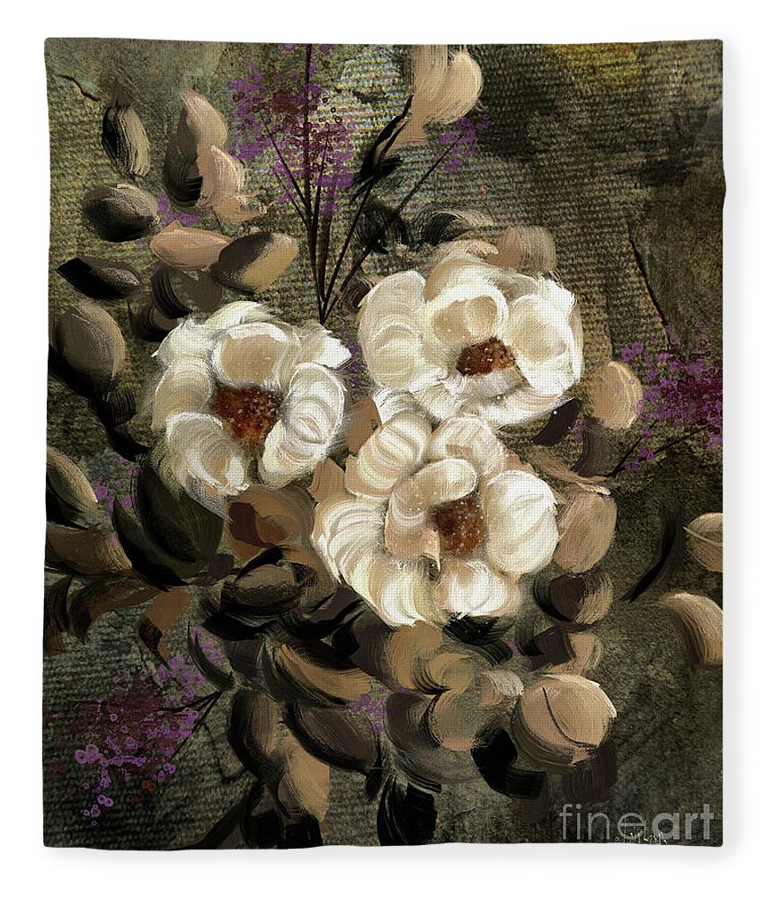 Flower Fleece Blanket featuring the digital art White Roses by Lois Bryan