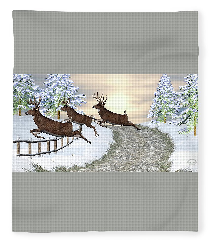 Deer Fleece Blanket featuring the digital art Whitetail Deer Jumping Fence by Corey Ford