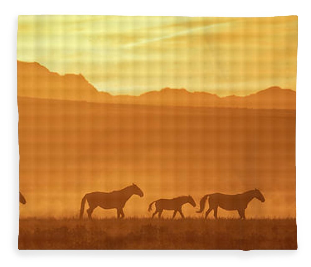 Wild Horses Fleece Blanket featuring the photograph Wild Sunset Panorama by Mary Hone