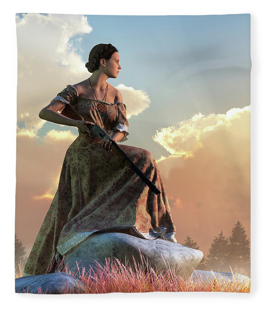Woman Fleece Blanket featuring the digital art Wild West Woman with Rifle by Daniel Eskridge