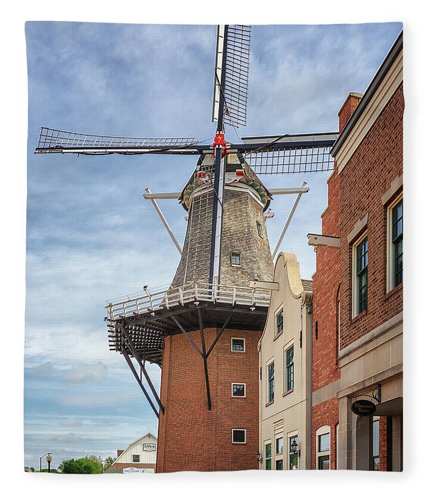 Windmill Fleece Blanket featuring the photograph Windmill and Historical Village Museum - Pella Iowa by Susan Rissi Tregoning