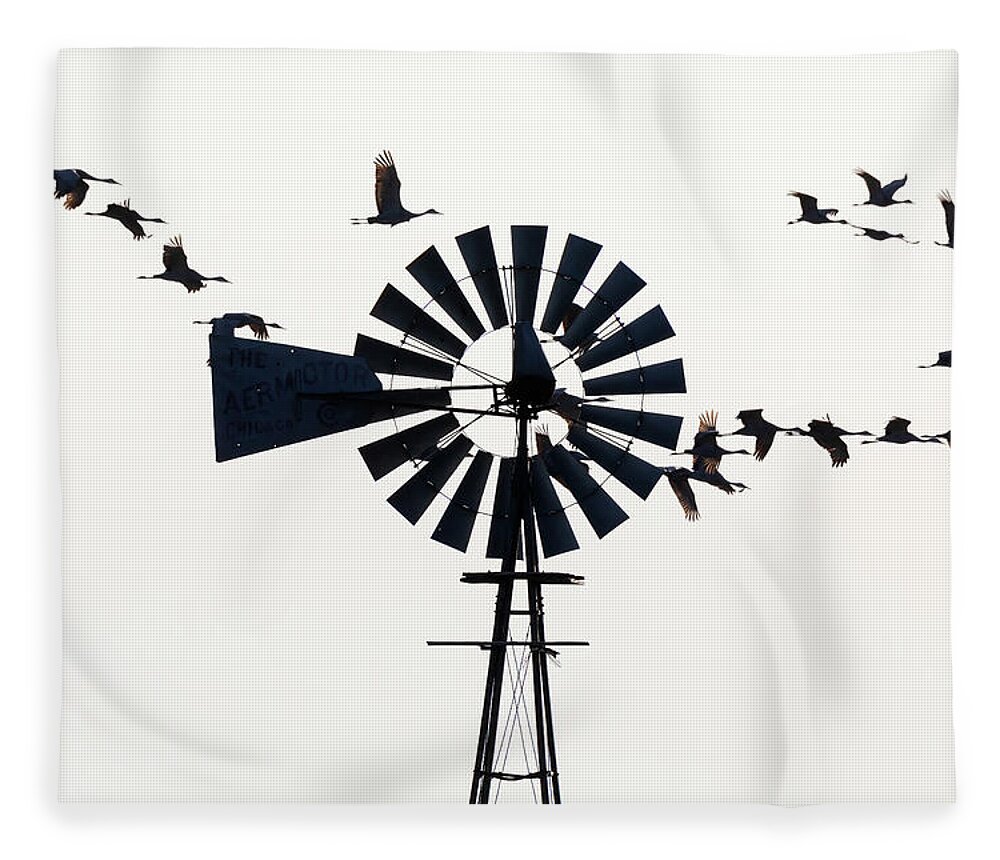 Sandhill Cranes Fleece Blanket featuring the photograph Windmills and Sandhill Cranes by Susan Rissi Tregoning