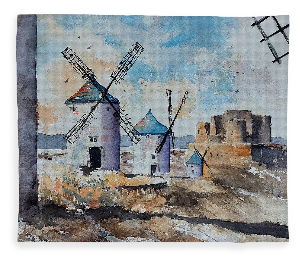 Molinos Fleece Blanket featuring the painting Windmills of Consuegra by Amanda Amend