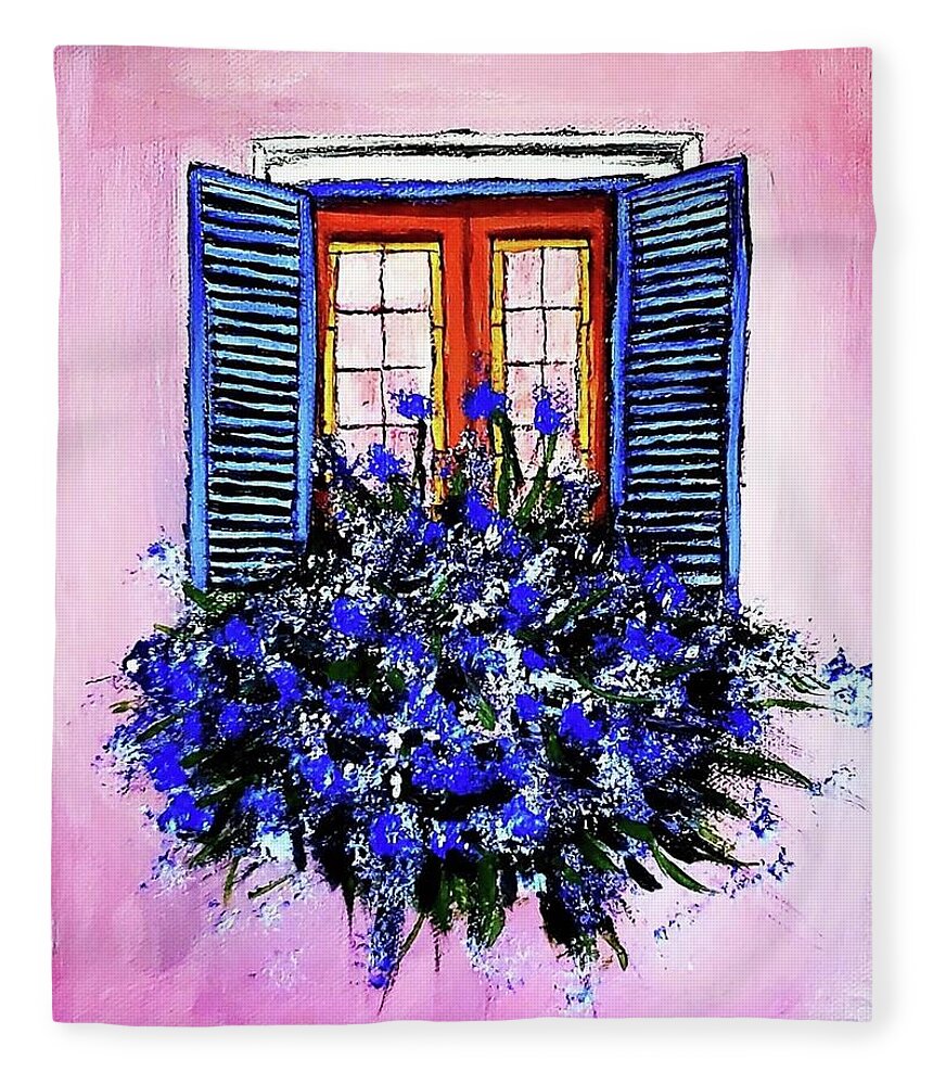  Fleece Blanket featuring the painting Window Box with Blue Flowers by Amy Kuenzie