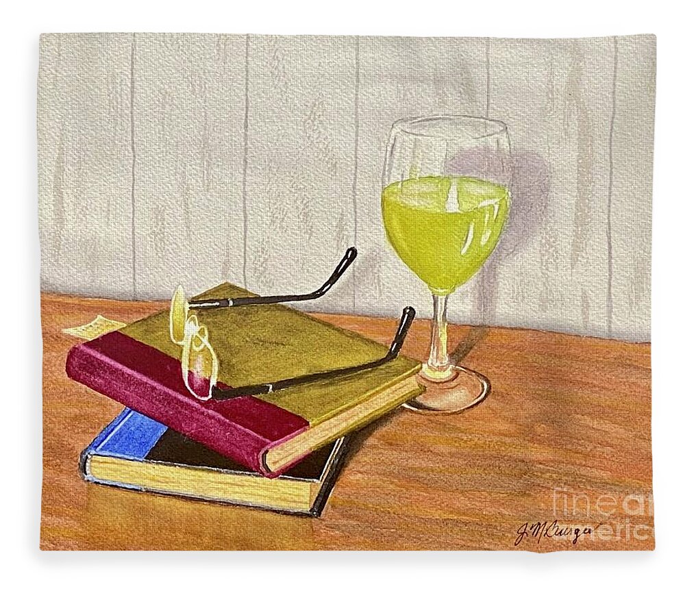 White Wine Fleece Blanket featuring the painting Wine and a Good Book by Joseph Burger