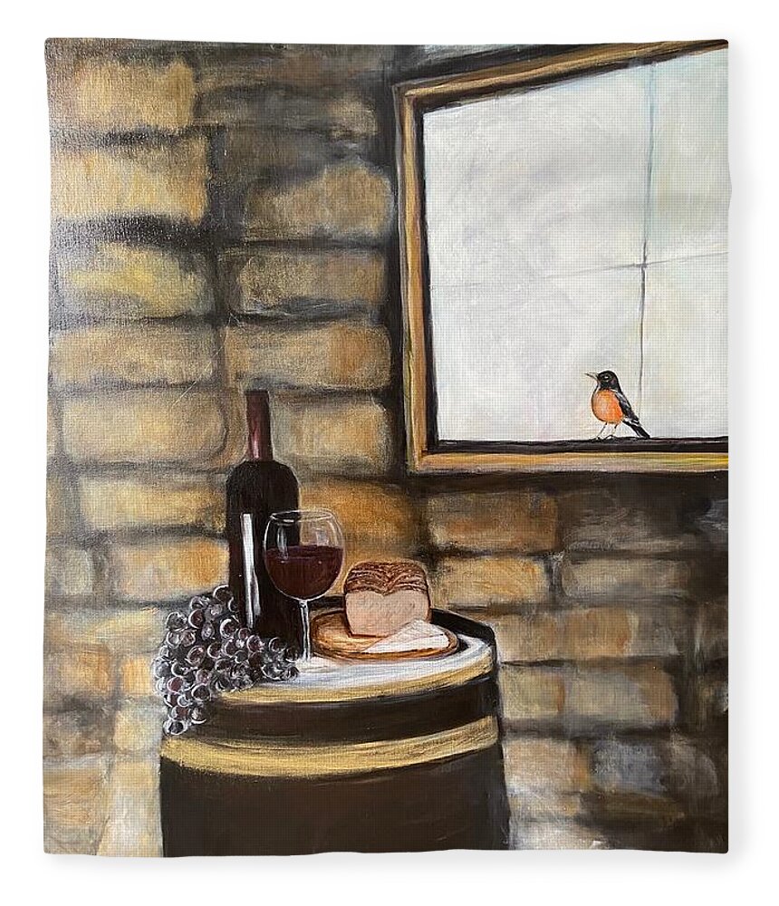 Wine Fleece Blanket featuring the painting Wine Barrel and Bird by Denice Palanuk Wilson