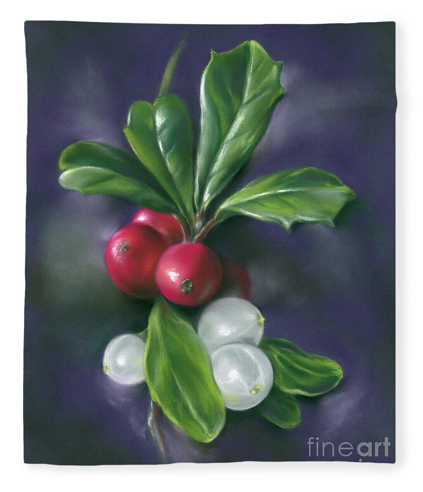 Botanical Fleece Blanket featuring the painting Winter Berries Holly and Mistletoe by MM Anderson