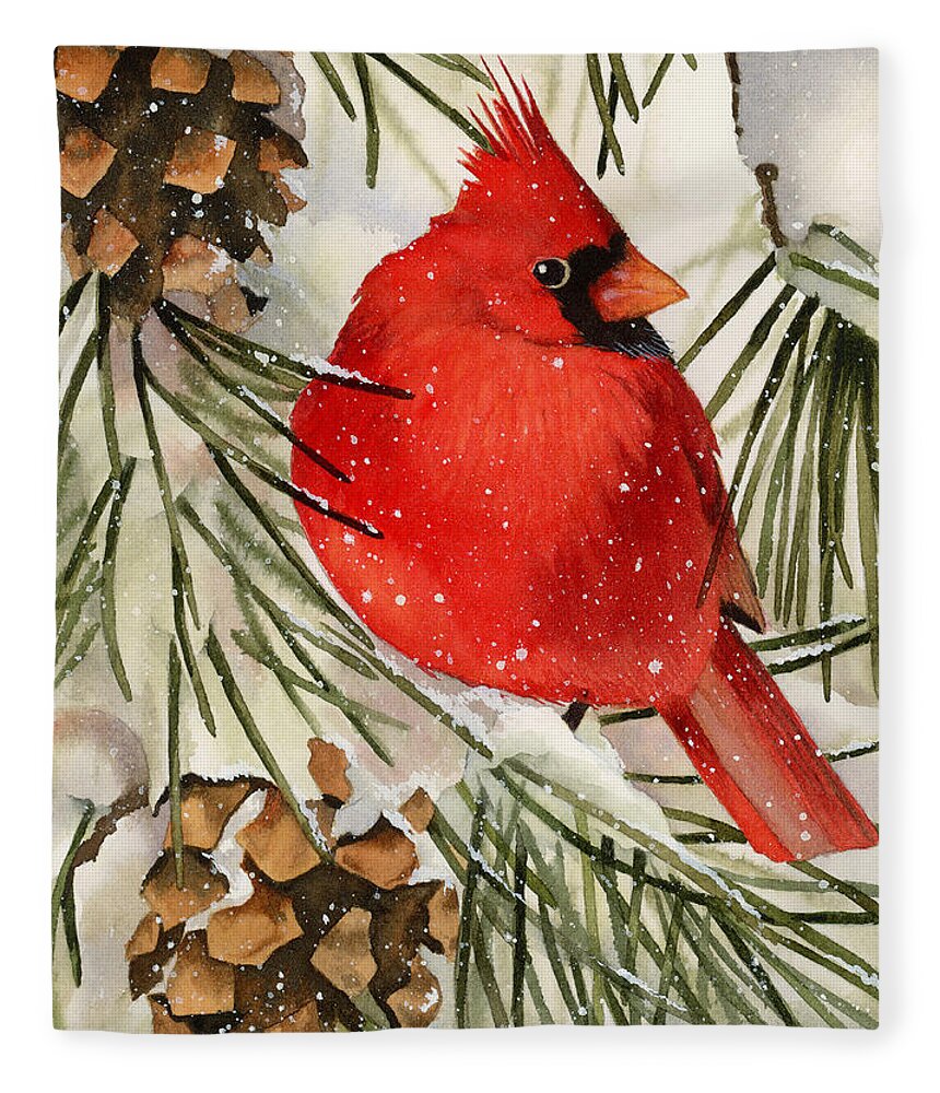 Cardinal Fleece Blanket featuring the painting Winter Cardinal by Espero Art