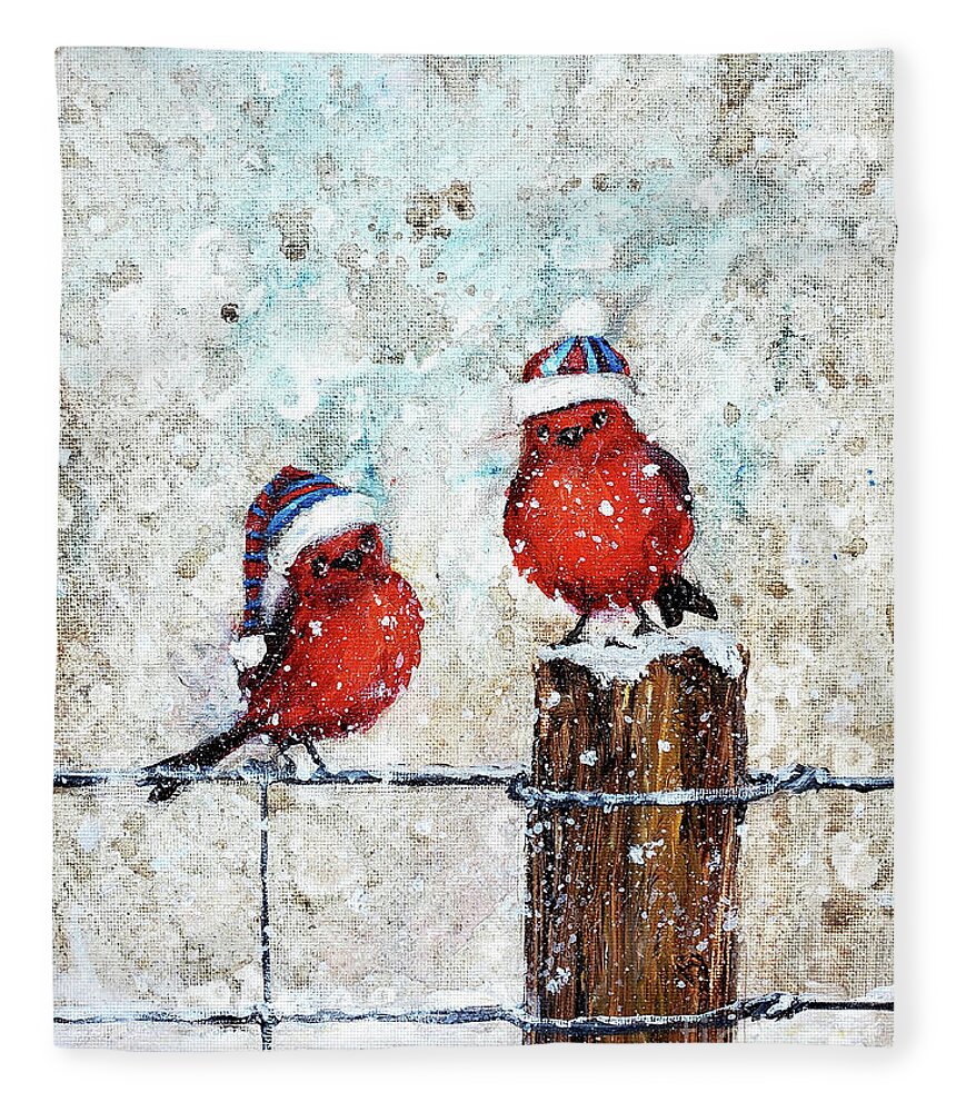 Birds Fleece Blanket featuring the painting Winter Chirps by Zan Savage