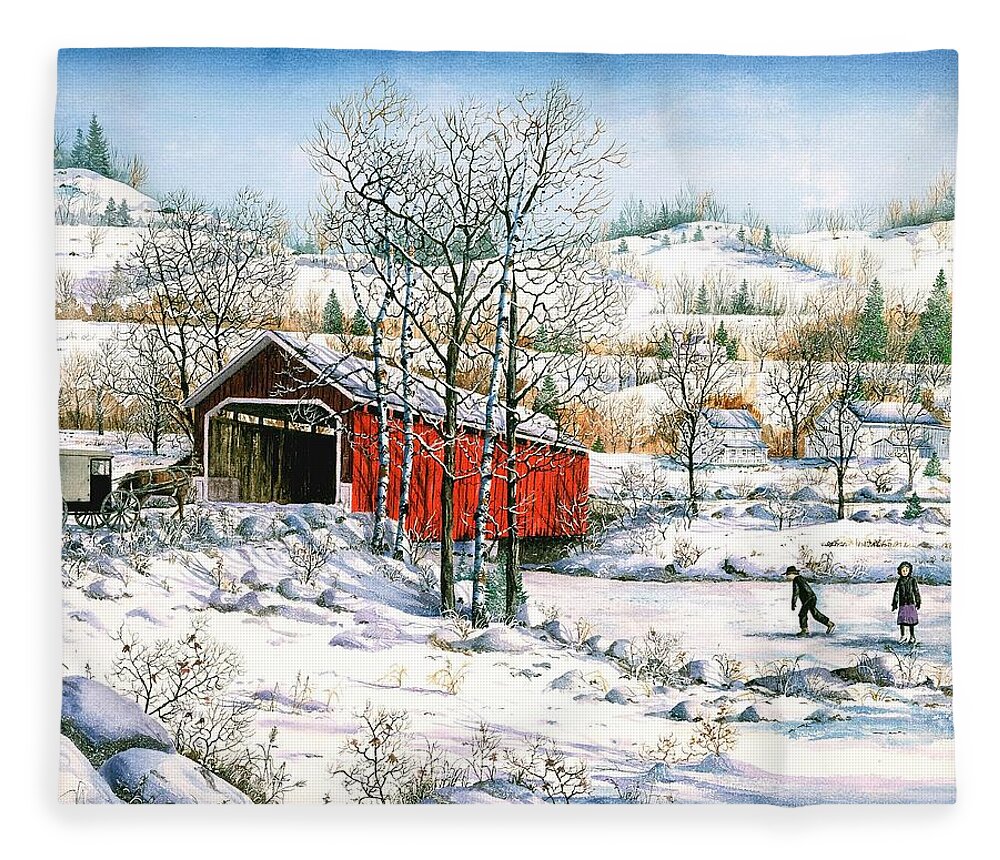Covered Bridge Fleece Blanket featuring the painting Winter Crossing by Diane Phalen