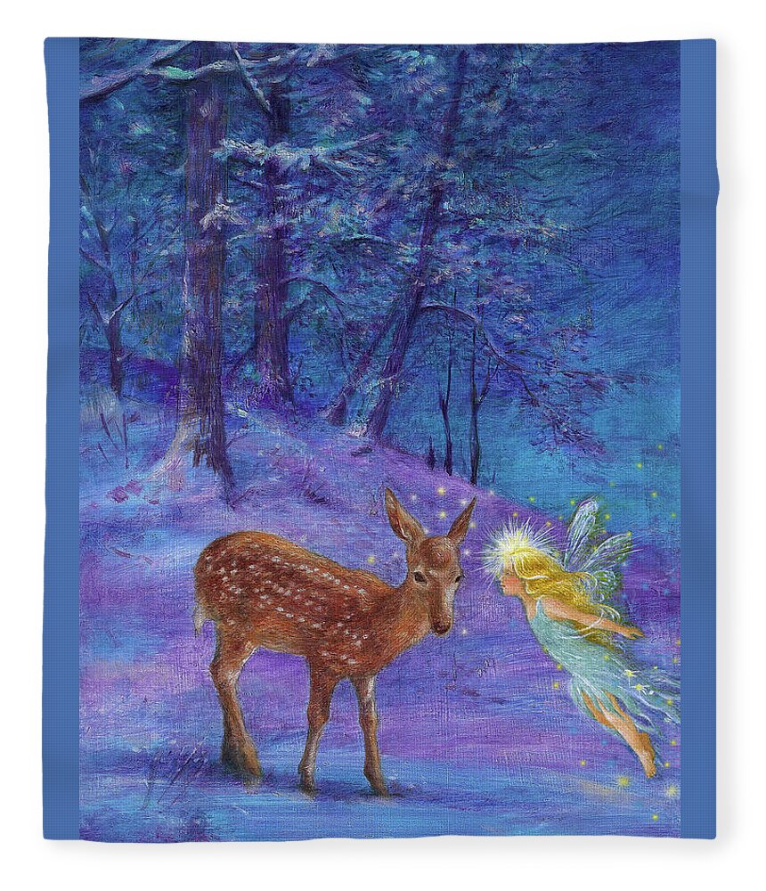 Magical Winter Woodland Fleece Blanket featuring the painting Winter Fairy with Fawn by Judith Cheng
