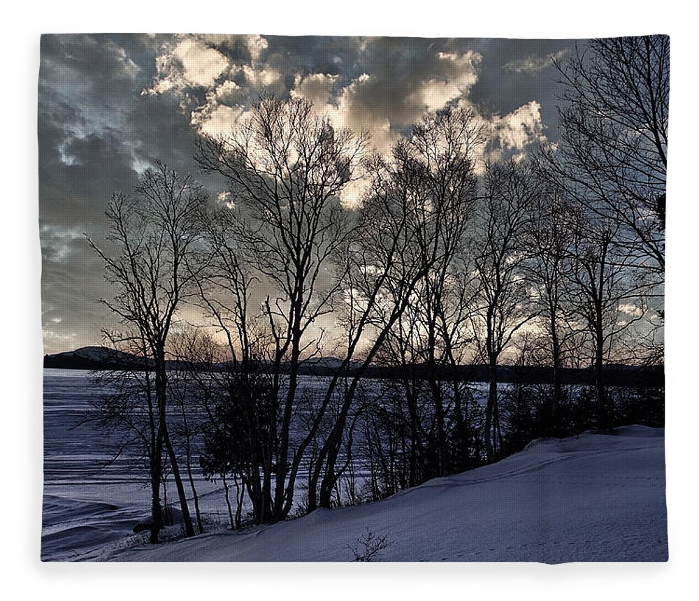 Winter Fleece Blanket featuring the photograph Winter Lake Clouds View West by Russel Considine