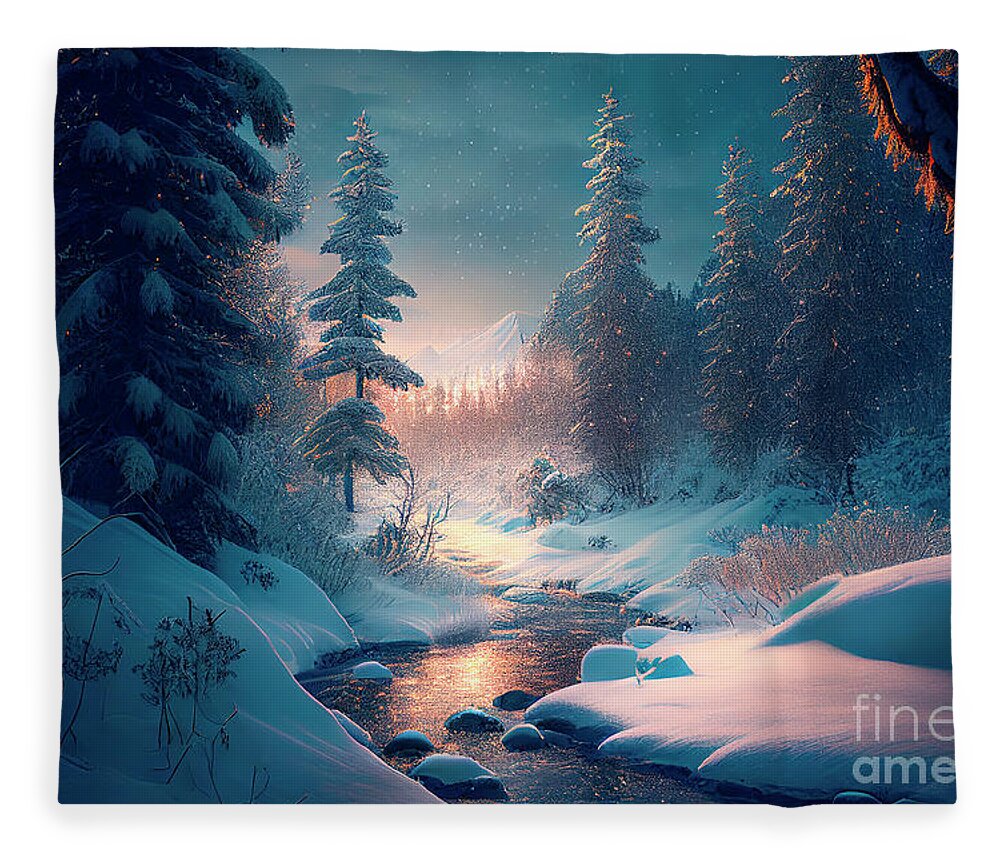 Tree Fleece Blanket featuring the photograph Winter landscape and mountain stream by Jelena Jovanovic