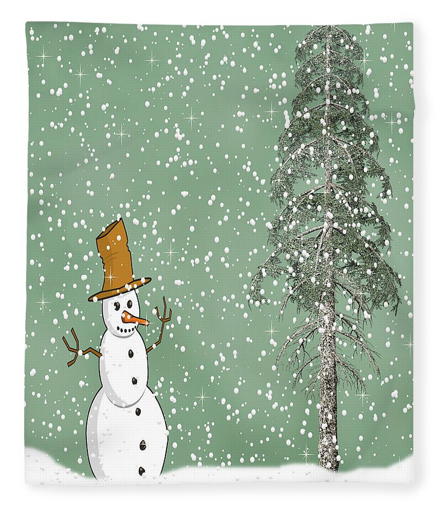 Snowman Fleece Blanket featuring the mixed media Winter Scene With Snowman 5 by David Dehner