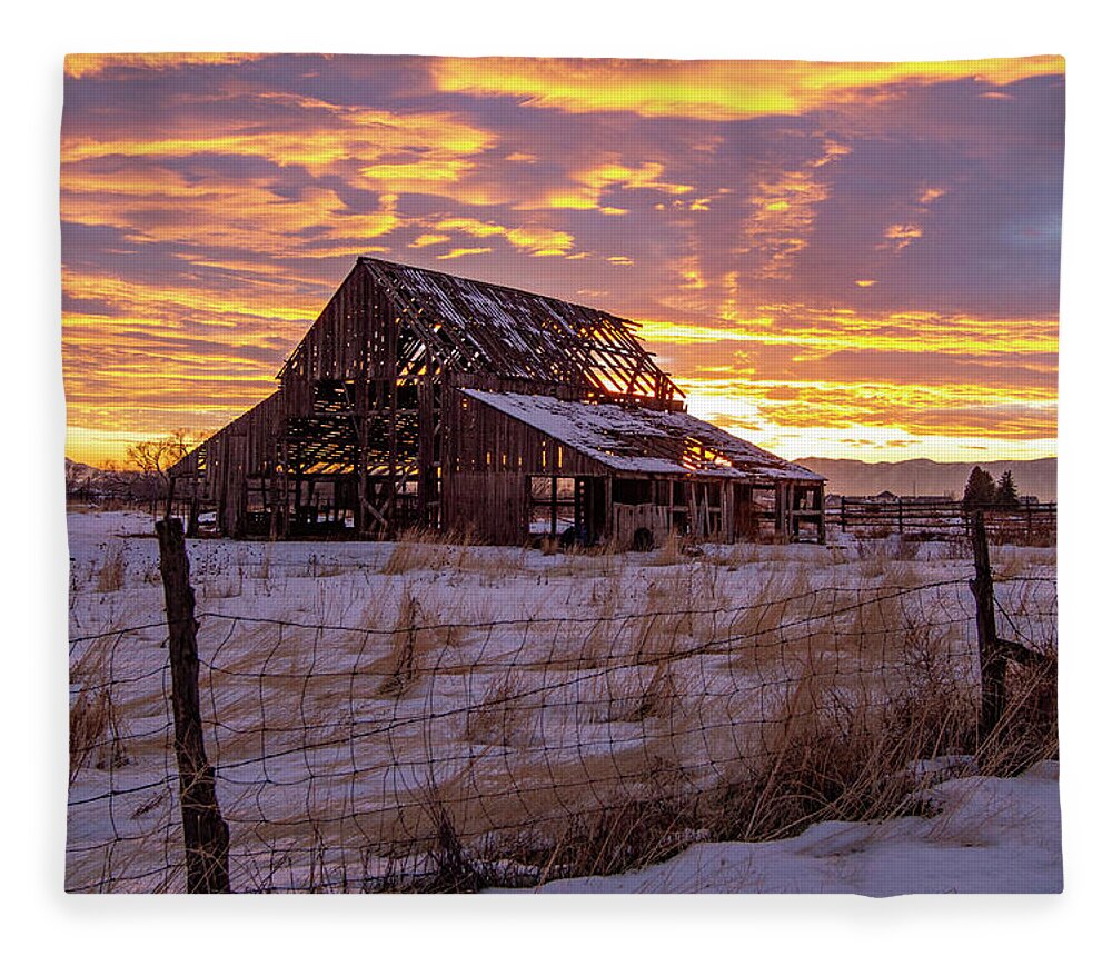 Barn Fleece Blanket featuring the photograph Winter Sunset at Mapleton Barn by Wesley Aston