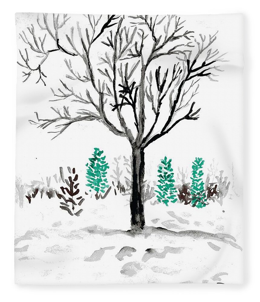 Winter Fleece Blanket featuring the painting Winter Tree by Branwen Drew