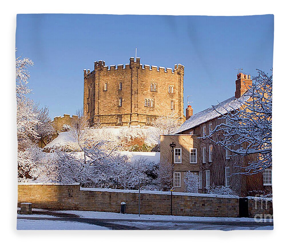 Snow Fleece Blanket featuring the photograph Winter view of Durham Castle Keep by Bryan Attewell