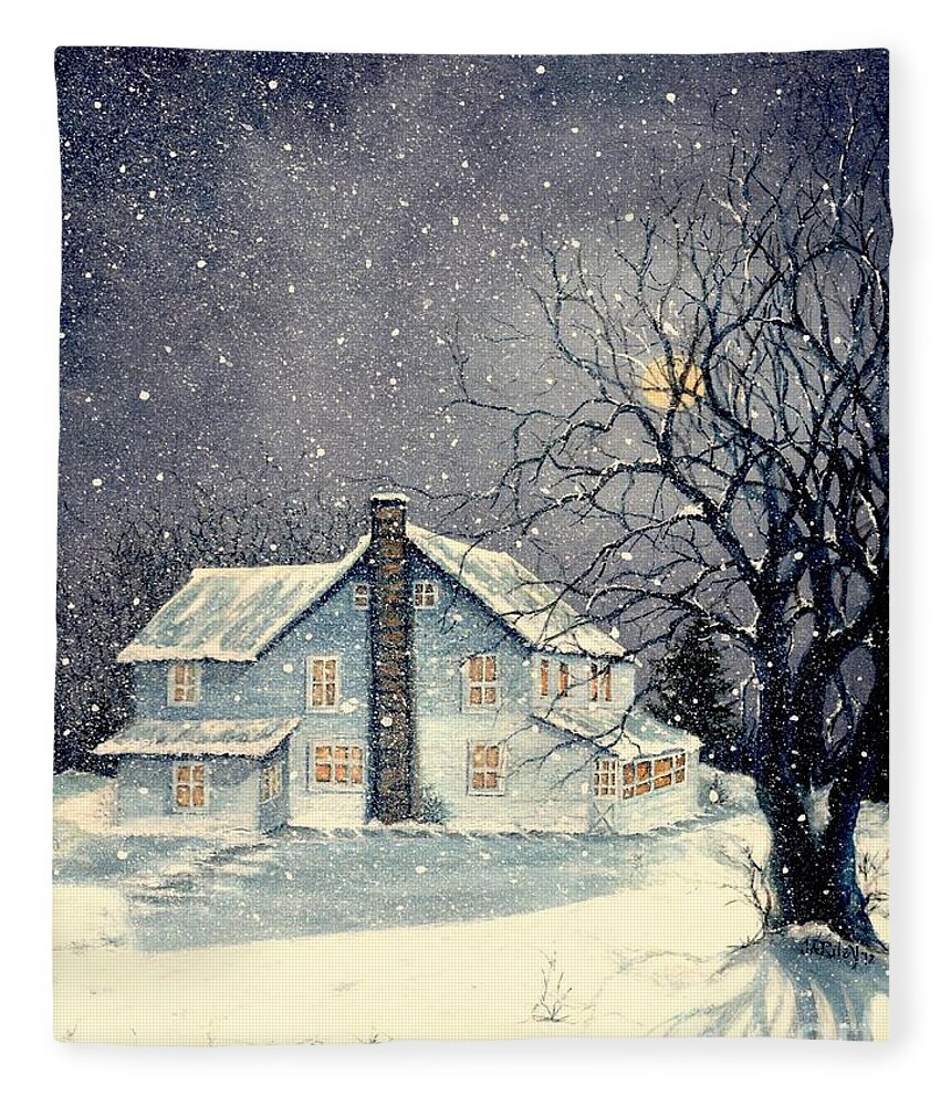 House Fleece Blanket featuring the painting Winter's silent night by Janine Riley