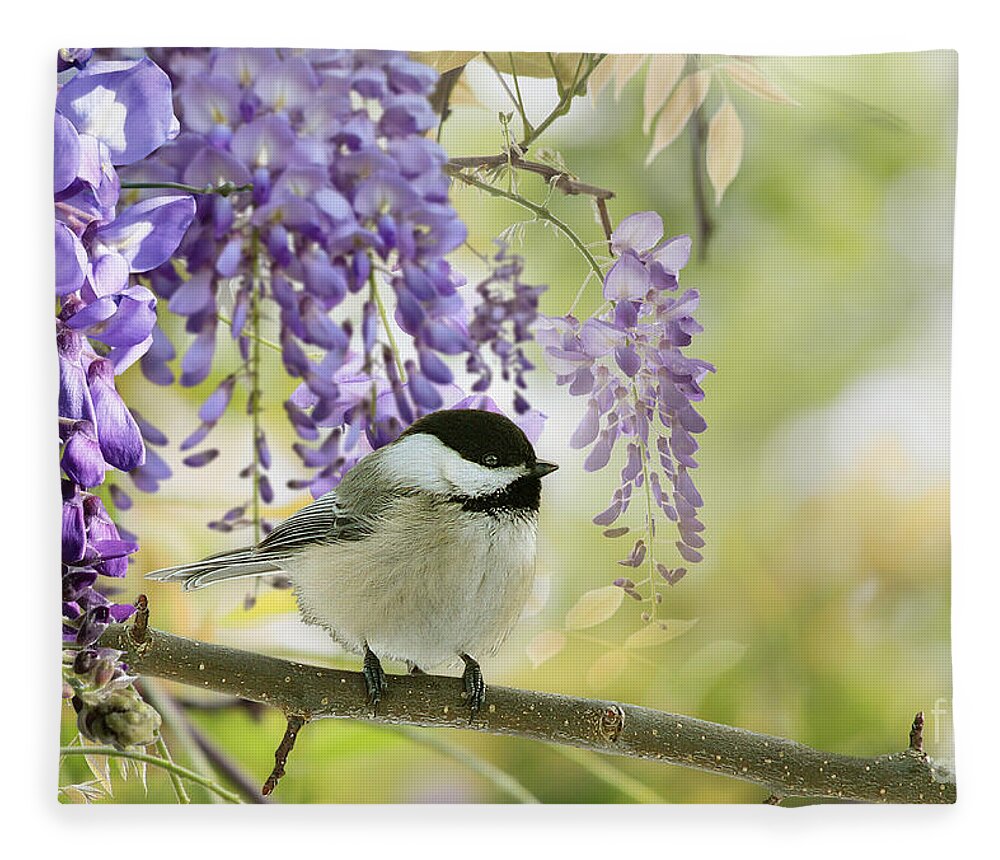 Willow Tit Fleece Blanket featuring the mixed media Wisteria and Willow Tit by Morag Bates