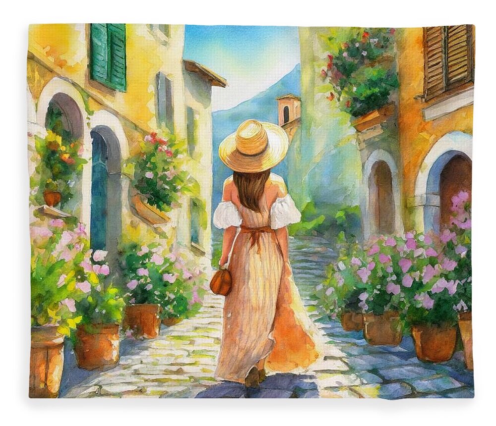 Woman Fleece Blanket featuring the mixed media Woman in Italy by Susan Rydberg