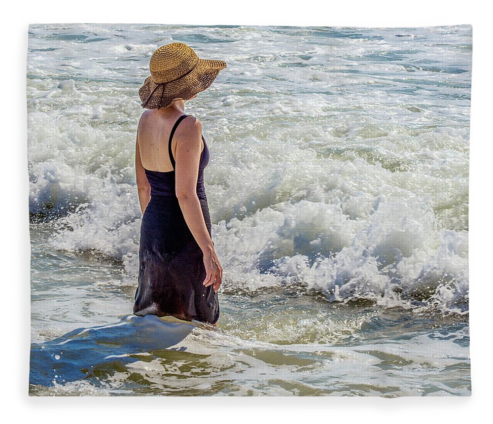 Beach Fleece Blanket featuring the photograph Woman in The Waves by WAZgriffin Digital
