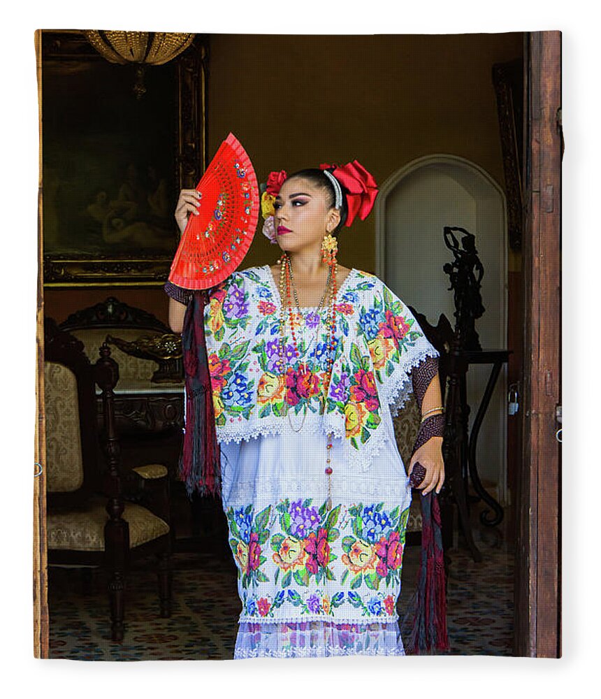 woman in traditional Mexican embroidered huipil tunic and dress Fleece  Blanket by Ann Moore - Pixels