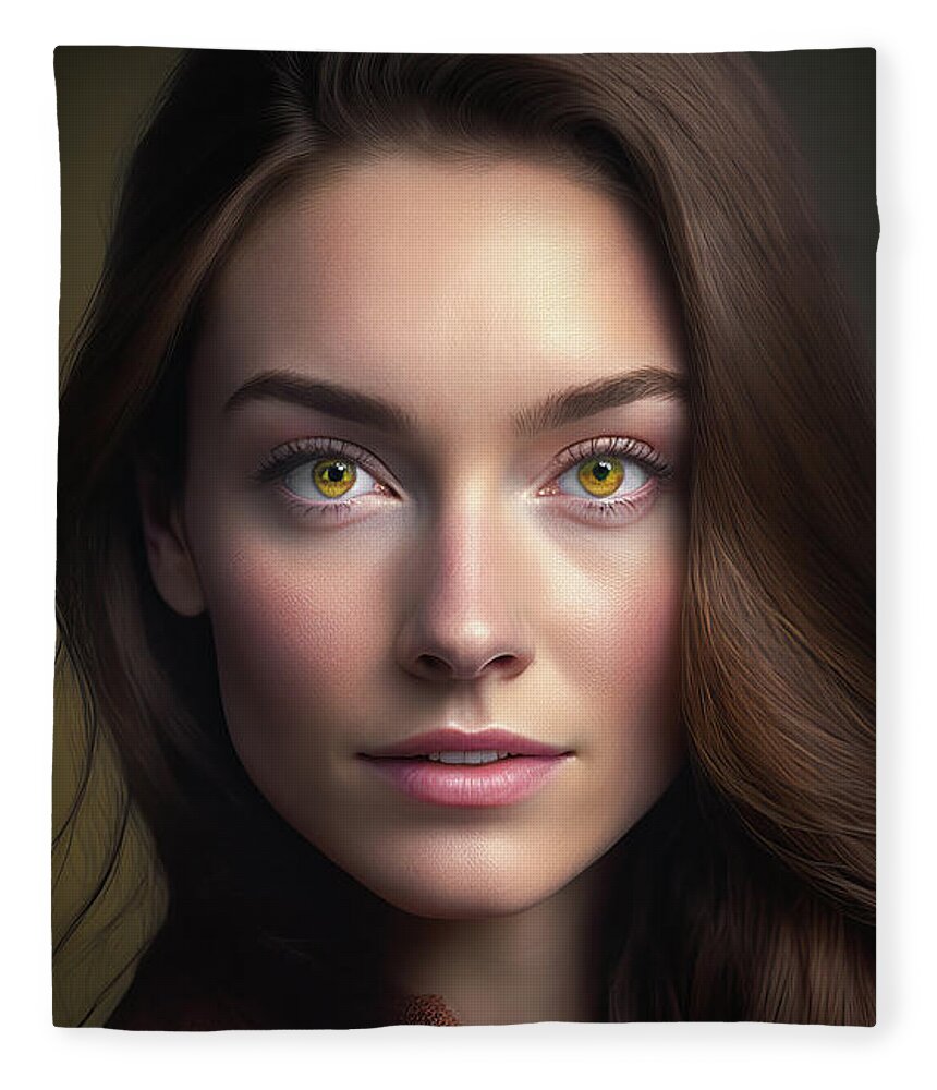 Woman Fleece Blanket featuring the digital art Woman Portrait 22 Brown Hair Hazel Eyes by Matthias Hauser