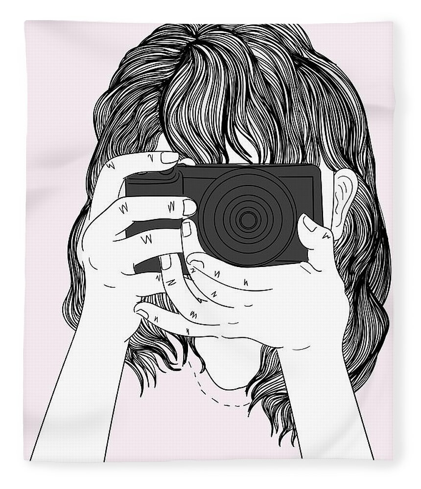 Graphic Fleece Blanket featuring the digital art Woman With A Camera - Line Art Graphic Illustration Artwork by Sambel Pedes