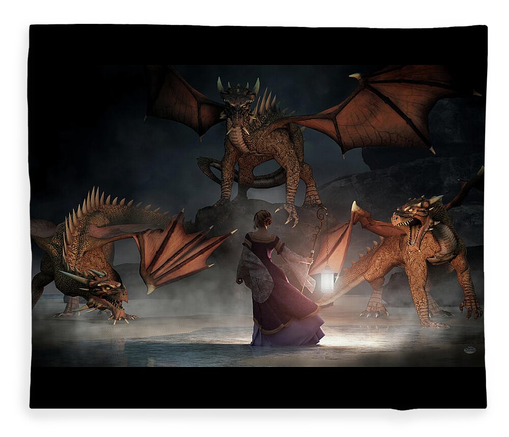 The Light Of Truth Fleece Blanket featuring the digital art Woman with a Lantern Facing Dragons by Daniel Eskridge