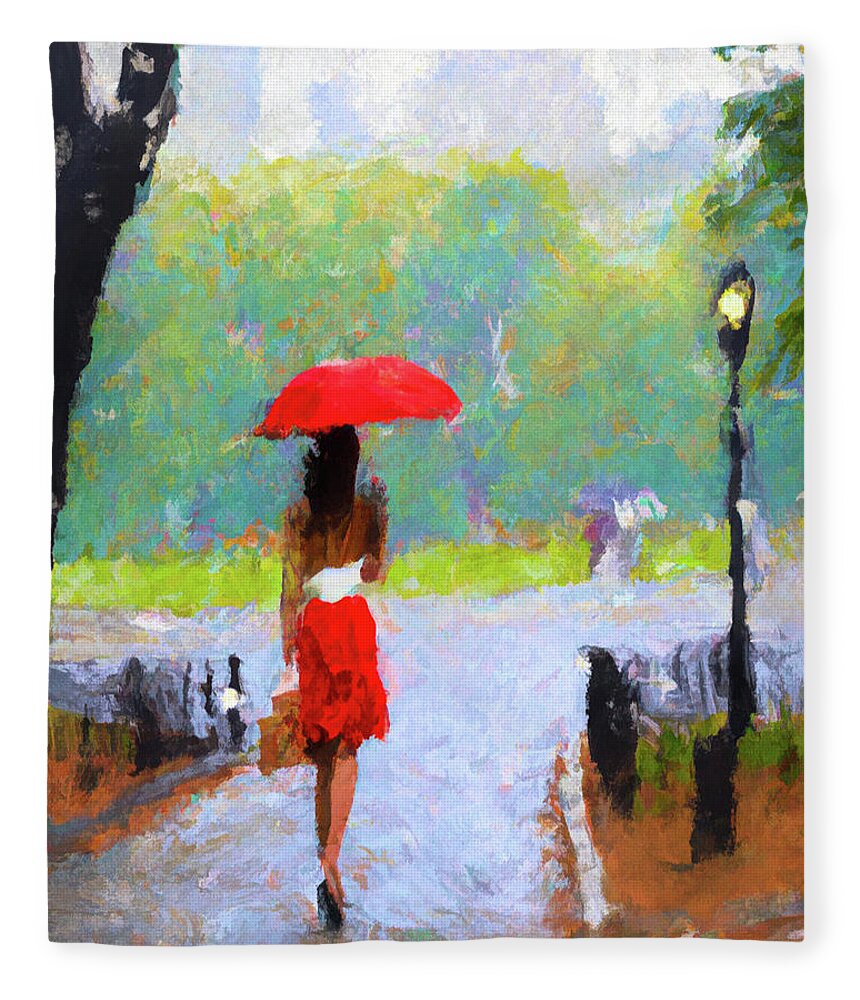 Rain Fleece Blanket featuring the digital art Woman with Red Umbrella by Alison Frank