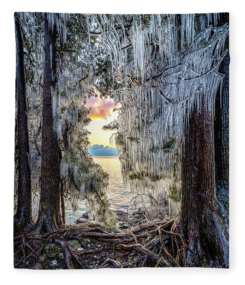Waiting For Sunrise Behind A Wall Of Ice. Taken In Whitefish Dunes State Park In Door County Fleece Blanket featuring the photograph Wonderland by Brad Bellisle