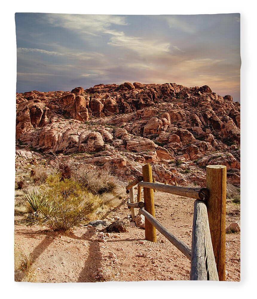 Vegas Fleece Blanket featuring the photograph Wood Rail Fence Into Desert Mountains by Darryl Brooks