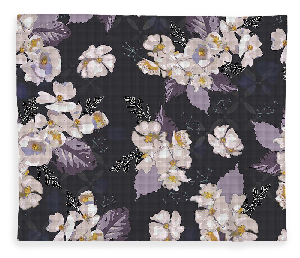 Roses Fleece Blanket featuring the digital art Woodcut Wild Roses Plum Pattern by Sand And Chi