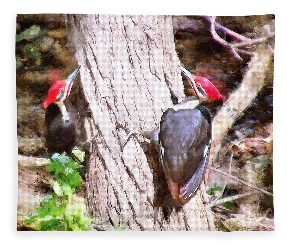 Woodpeckers Fleece Blanket featuring the mixed media Woodpeckers by the Stream by Christopher Reed