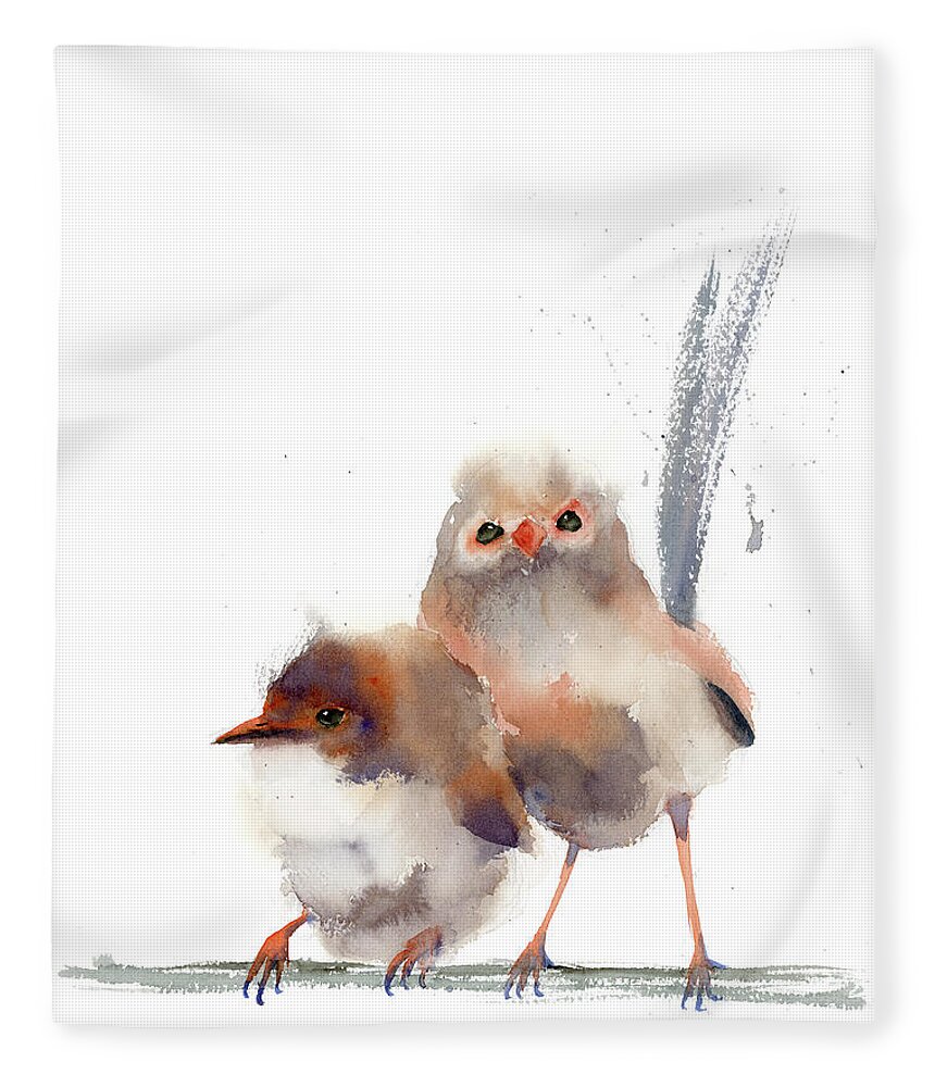 Wren Birds Fleece Blanket featuring the painting Wren Birds art print by Paintis Passion