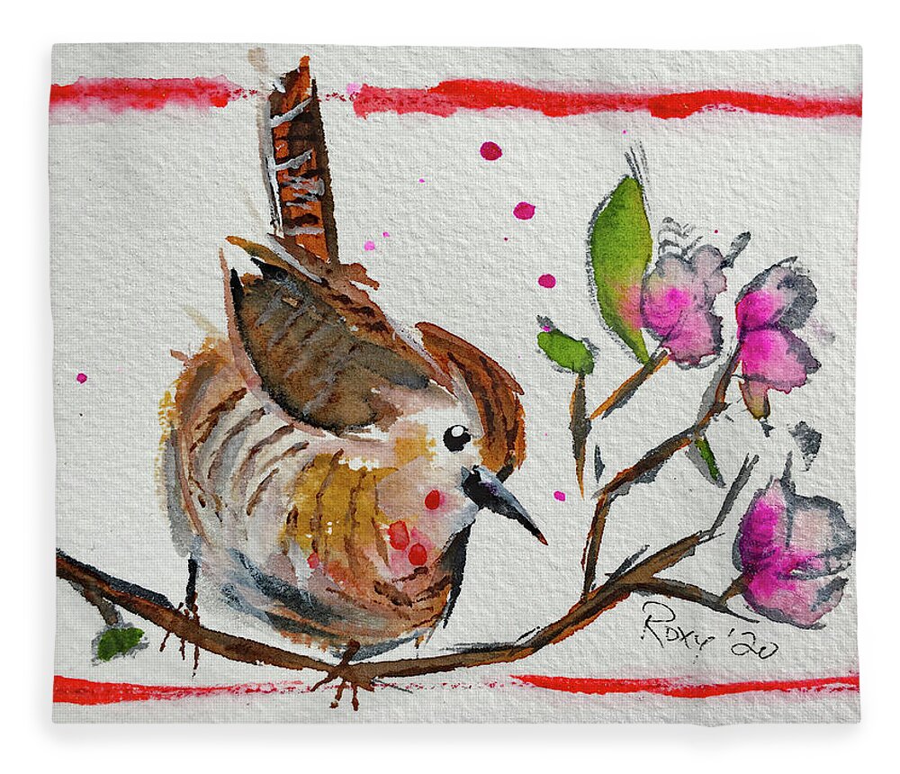 Wren Bird Fleece Blanket featuring the painting Wren in a Cherry Blossom Tree by Roxy Rich