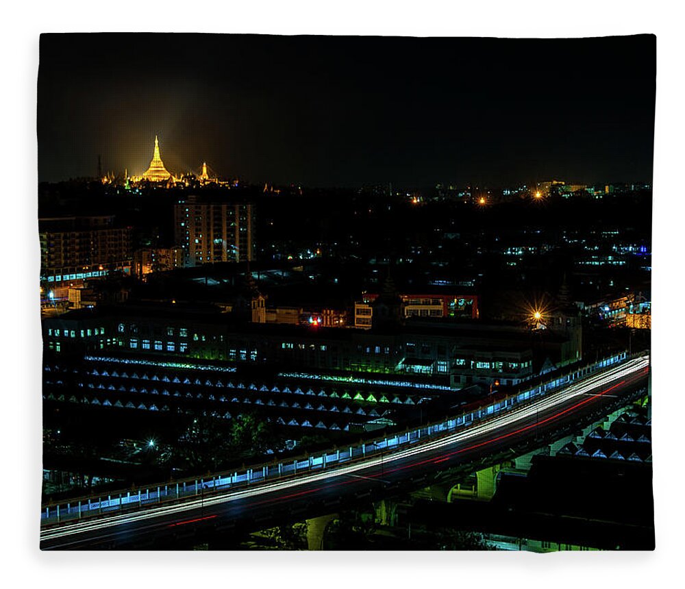 Shwedagon Fleece Blanket featuring the photograph Yangon Cityscape at Night by Arj Munoz