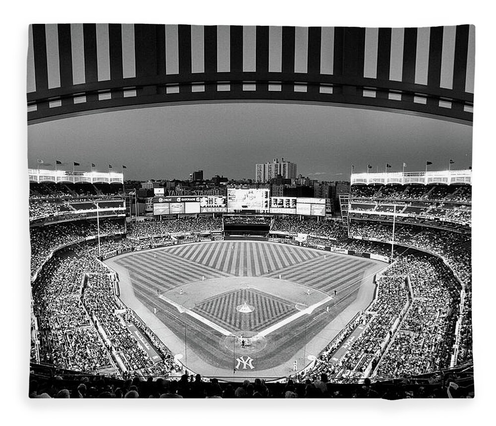 Yankee Stadium Fleece Blanket featuring the photograph Yankee Stadium 2 - B and W by Allen Beatty