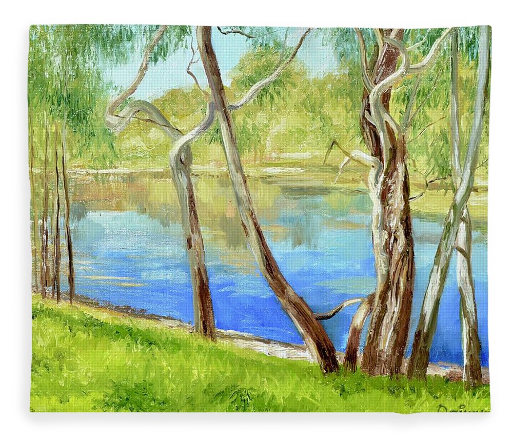 River Fleece Blanket featuring the painting Yarra River Billabong by Dai Wynn
