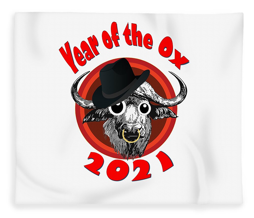 Ox Fleece Blanket featuring the digital art Year of the Ox 2 with Googly Eyes, Hat, Nose Ring, Transparent Background by Ali Baucom