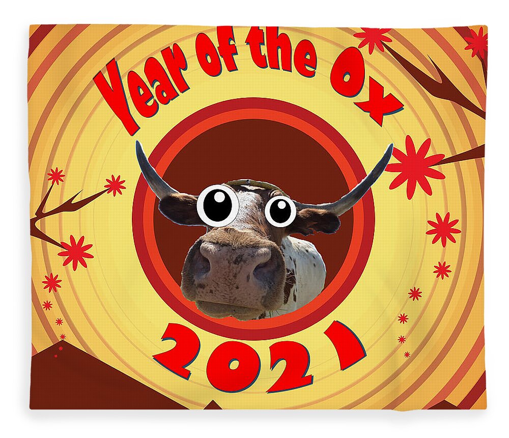 Ox Fleece Blanket featuring the digital art Year of the Ox with Googly Eyes by Ali Baucom