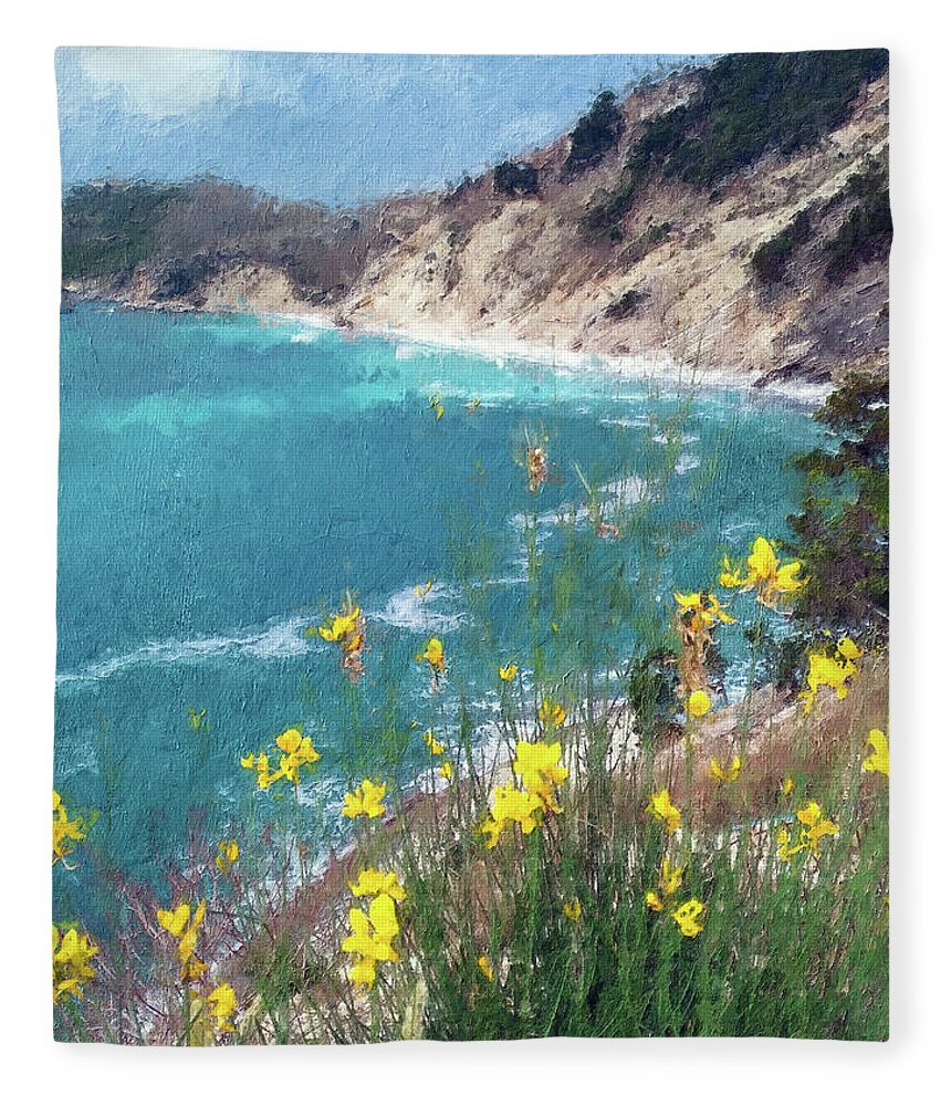 Sea Flowers Fleece Blanket featuring the painting Yellow Flowers over the Sea Bay by Alex Mir